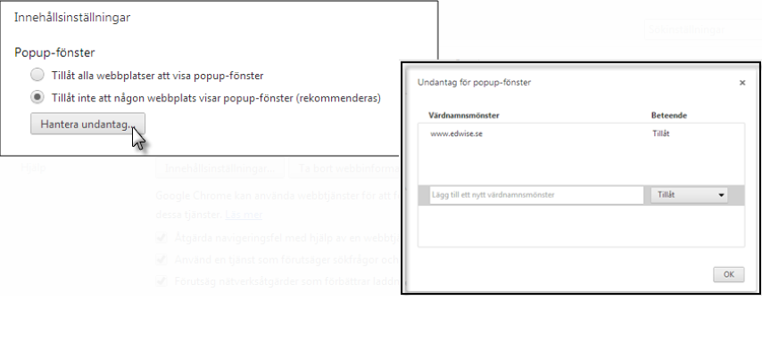 Inställningar för popup-fönster i Google Chrome.