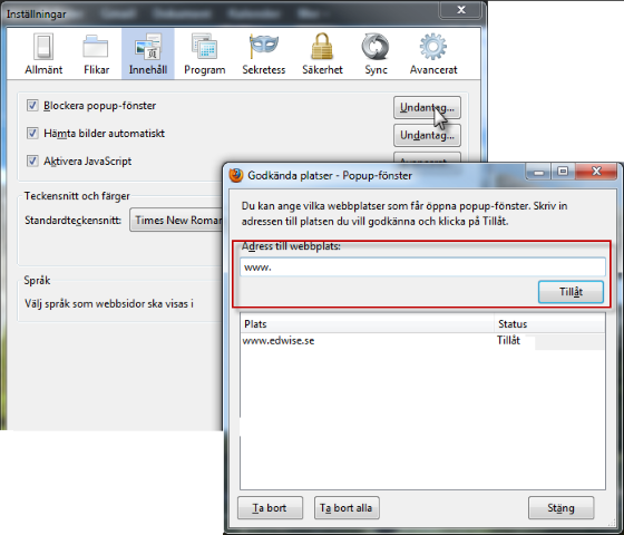 Inställningar för popup-fönster i Firefox.