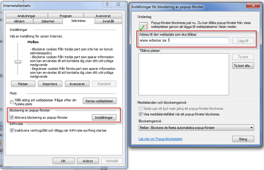 Inställningar för popup-fönster i Internet Explorer.